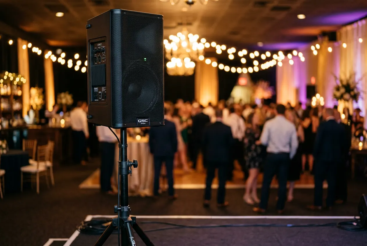 Professional speaker setup in an event venue.