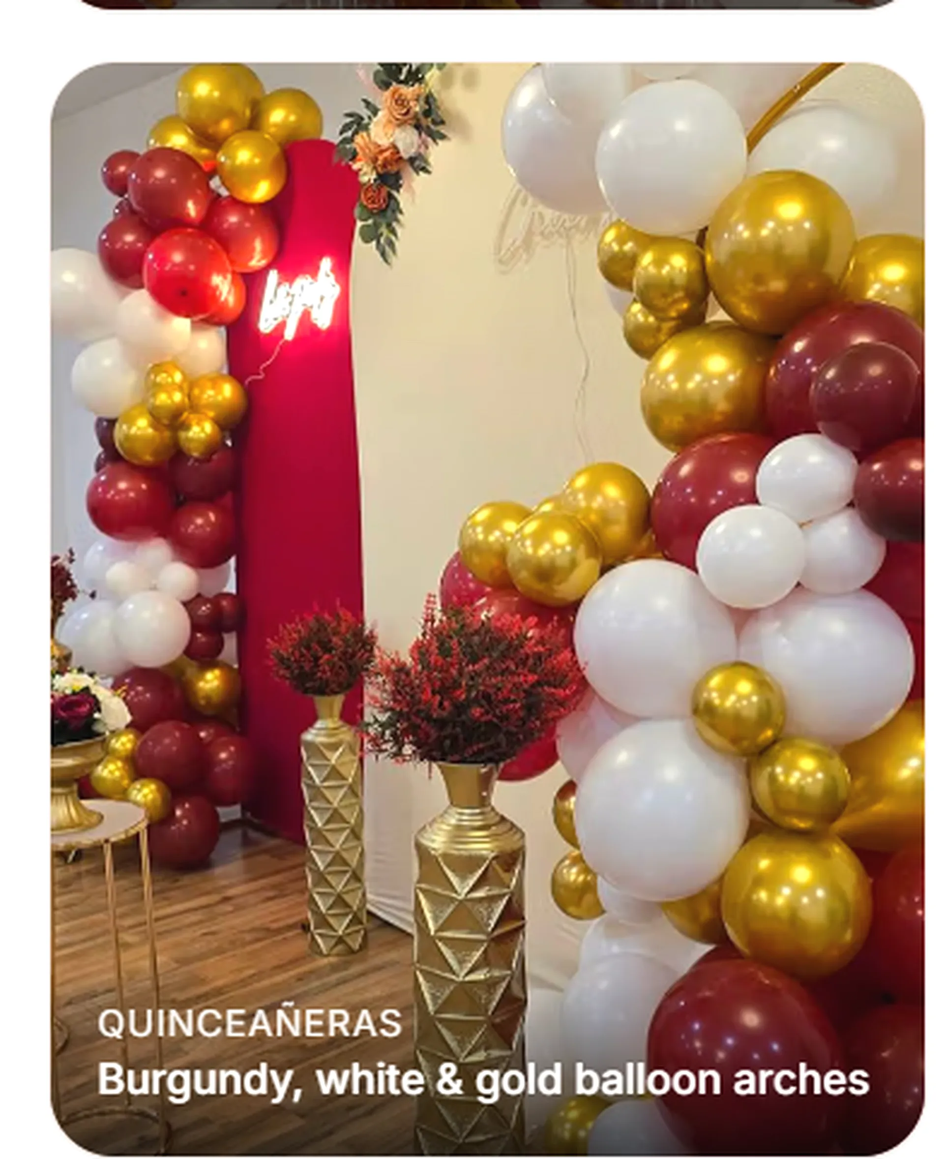 Elegant burgundy, white and gold balloon arch quinceañera decor